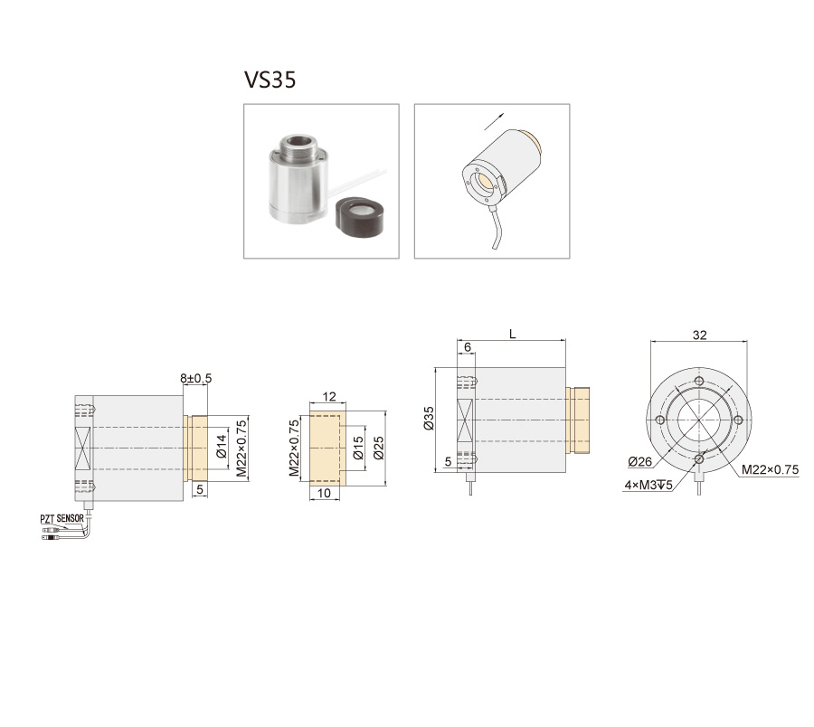 Преднагруженный кольцевой пьезоактуатор VS35 с центральным отверстием ⌀ 14 мм , увеличенное толкающее/тянущее усилие 