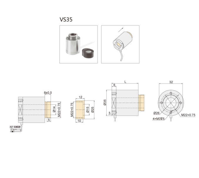 Преднагруженный кольцевой пьезоактуатор VS35 с центральным отверстием ⌀ 14 мм , увеличенное толкающее/тянущее усилие 