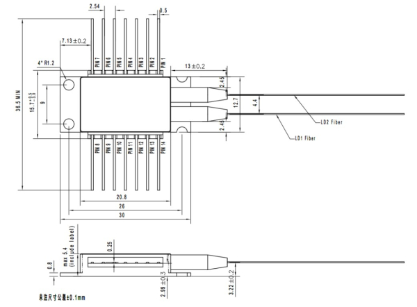 Лазерный диод накачки 980 нм, 400/520/700 мВт, 14-контактный корпус, двучиповое исполнение